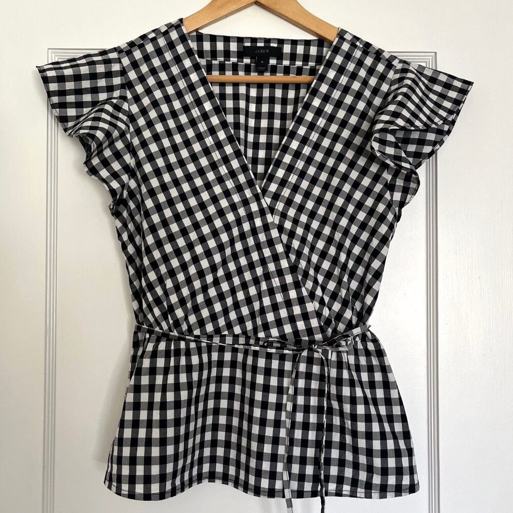 J Crew Flutter Sleeve Wrap Gingham Blouse | Size 4 - Picture 4 of 10